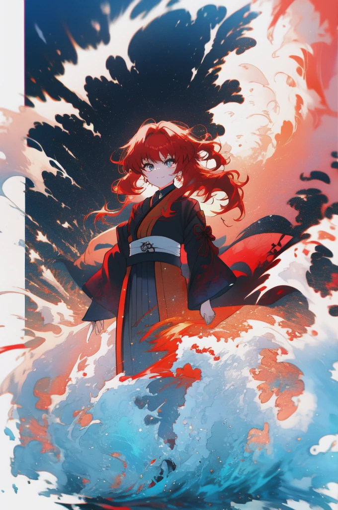 Redhead girl with wavy hair, visiting akatsuki outfit 