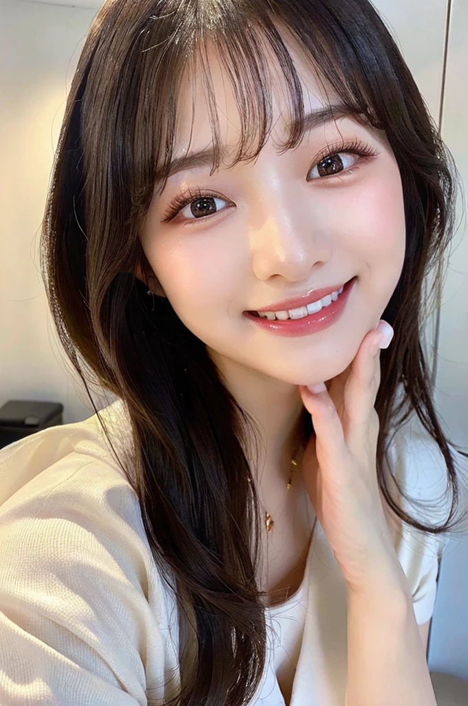 (((big laugh))), high-level image quality、20 year old Korean girl photo, raw, cute face, ((Portrait)), ((Detailed face:1.2)), ((A detailed face Characterized by fine skin), pale skin, , (cold color), moist, moist, reflector stay piece) (perfectly proportions)(photos realistic)(Best Quality) photographed in a Canon EOS R5, 50mm Lens,(8K), very long upper eyelashes、Very long lower eyelashes、Detailed lashes、Curled eyelashes、eyelash perm、Beautiful lashes, Glamorous makeup、Natural eyes、Oku Duplex、very beautiful eyelashes