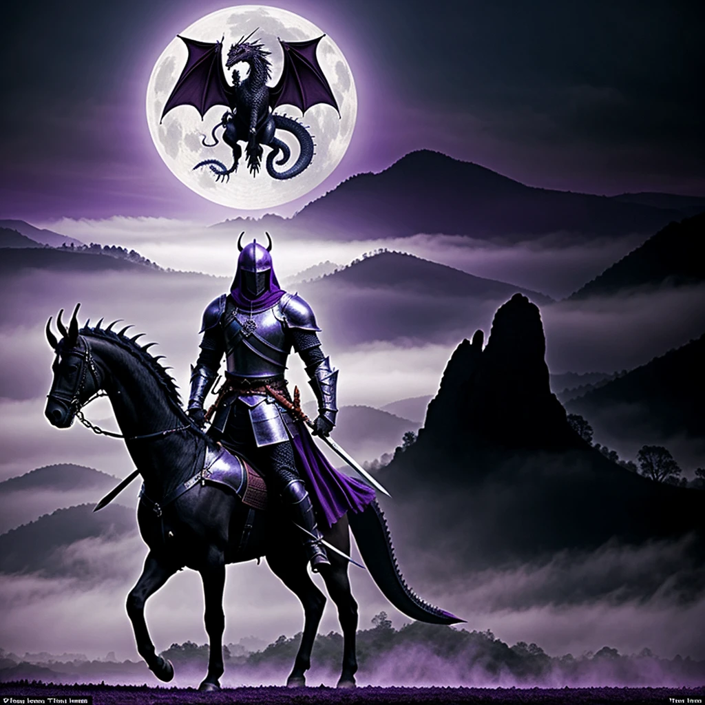 the dark silhouette of a knight carrying a sword, standing in front of a creature with black scales and beautiful purple eyes, the creature resembles a dragon, surrounding him in a beautiful violet mist, like a 1970s movie