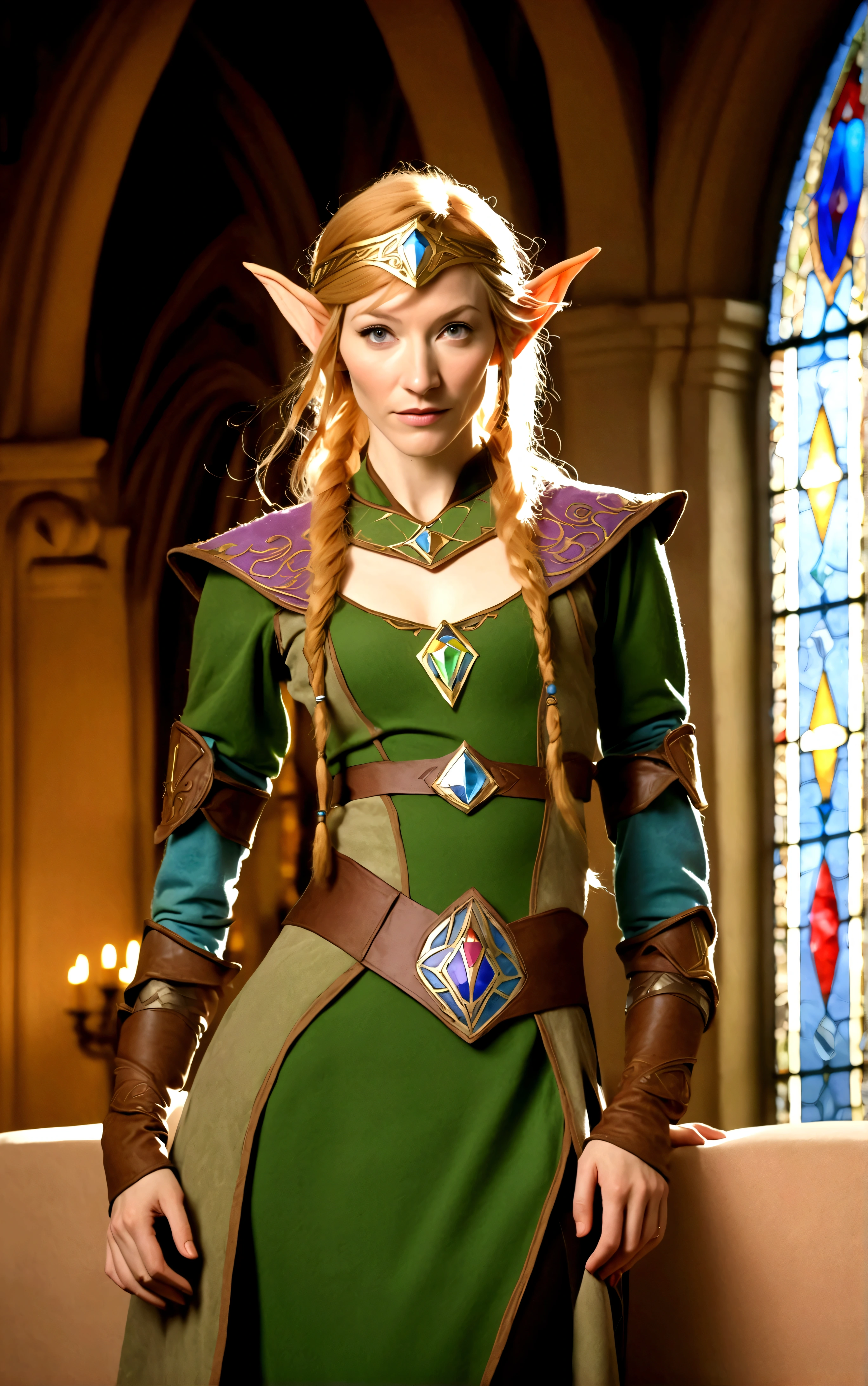 Cate Blanchett (age 25, elf ears, Twilight princess Zelda costume), heroic pose, lavish room with stained glass
