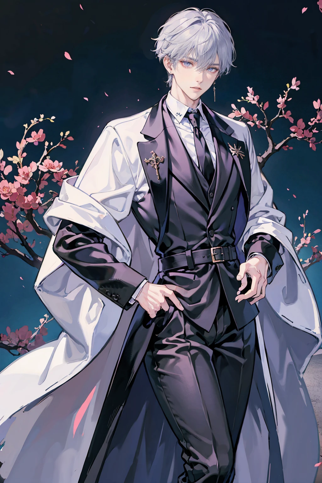 anime - (masterpiece), best quality, seductive eyes, perfect face, handsome man, delicate androgynous prince, beautiful androgynous prince, wearing a black noble suit, purple eyes, middle part haircut, short length white hair, black coat, grey suit, black necktie, full body, long legs, anime cover, 1boy, cross ear rings, hands in pockets, solo