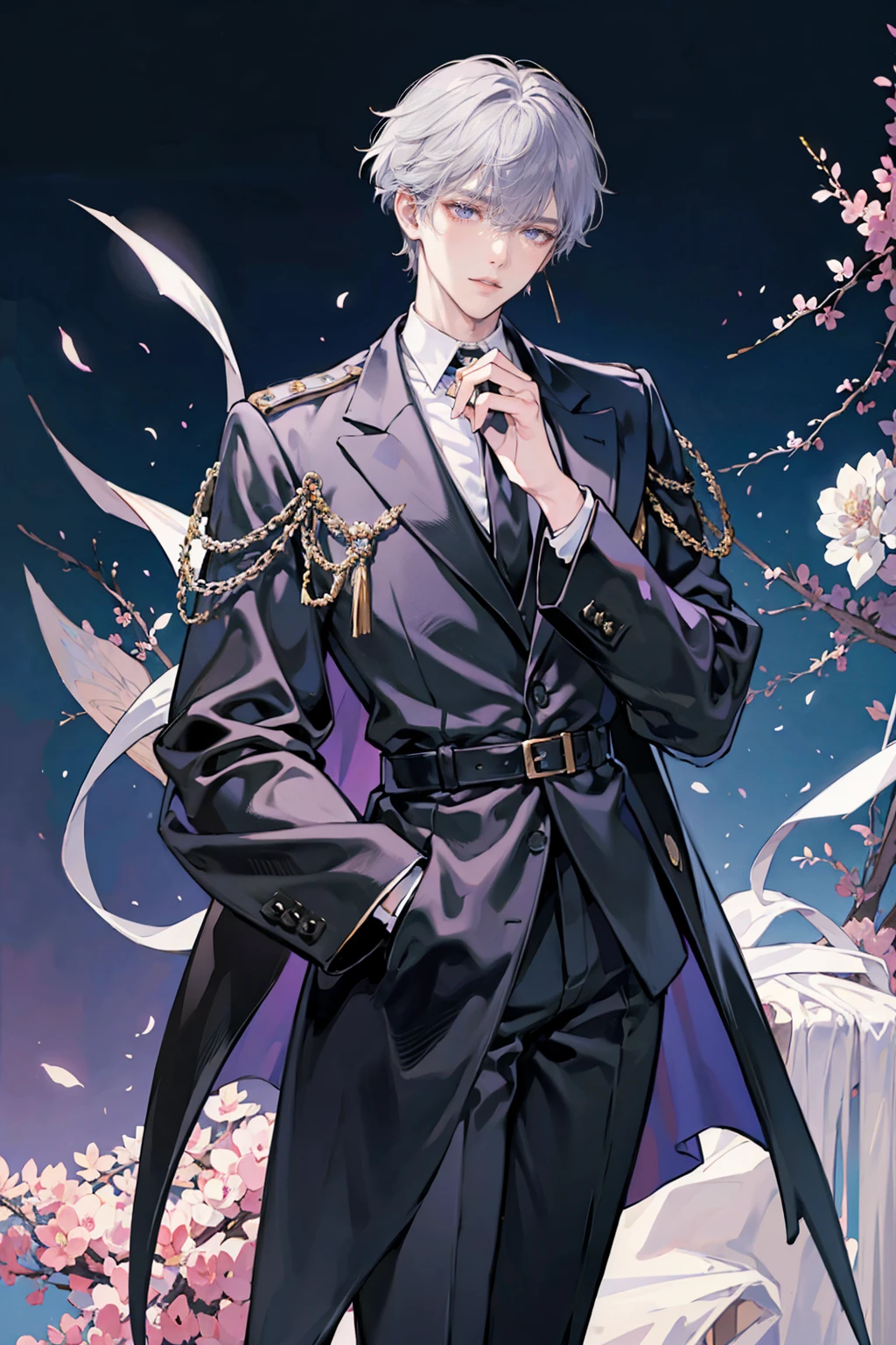 anime - (masterpiece), best quality, seductive eyes, perfect face, handsome man, delicate androgynous prince, beautiful androgynous prince, wearing a black noble suit, purple eyes, middle part haircut, short length white hair, black coat, grey suit, black necktie, full body, long legs, anime cover, 1boy, cross ear rings, hands in pockets, solo