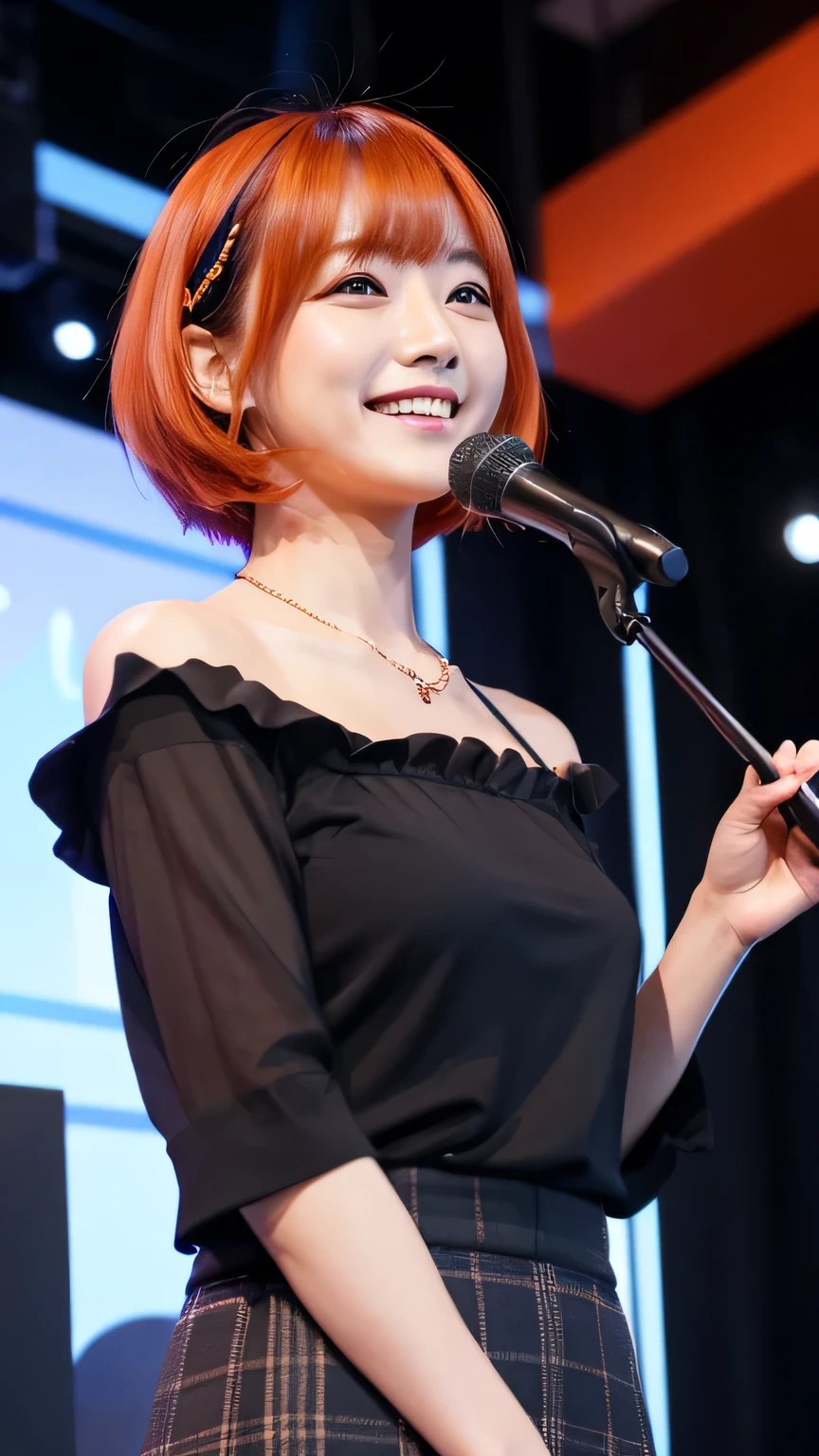 Please create an image of a Japanese woman in her 20s who looks like an idol、Black blouse、Short Bob、Orange Hair、indoor、Ultra HD、Highest Resolution、The entire upper body、Grab the microphone、smile, aspect ratio