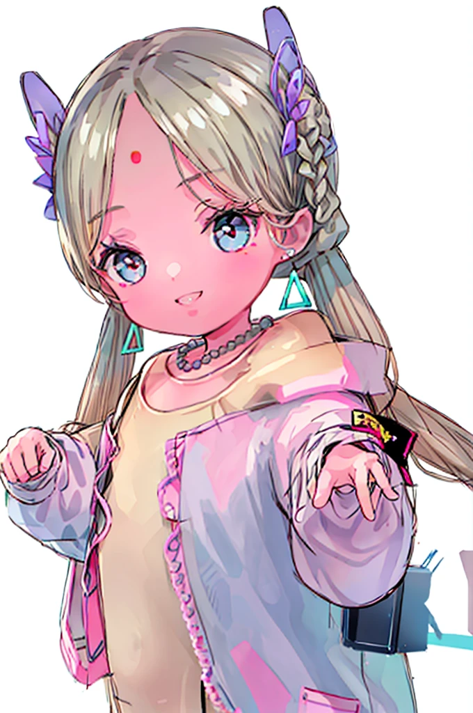 Realistic、Chibi Girl Doll、(whole body)、White background、smile、Long Hair、hair ornaments、jewelry、Earrings、Twin tails、necklace、Face mark、Forehead mark、Long sleeve、Jacket、black tights、