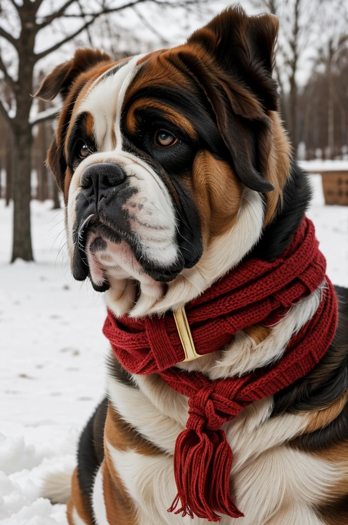 A pretty Saint Bernard with a red scarf on his neck