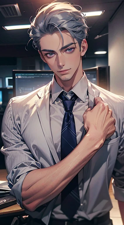 (Highest quality,4K,8K,High resolution,masterpiece:1.2),Super detailed,(Realistic,photoRealistic,photo-Realistic:1.37),1 person,31 years old,Mature Men,Beautiful skin、very handsome,Expressionless,smile,Short gray blue hair,purple eyes,Sharp Eyes,A perfect face without a doubt,Businessman,Office Background,Cinema Lighting,HDR image,tie、