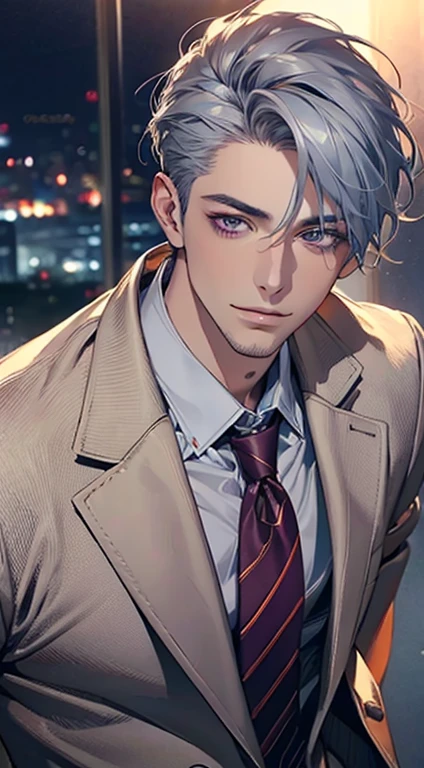 (Highest quality,4K,8K,High resolution,masterpiece:1.2),Super detailed,(Realistic,photoRealistic,photo-Realistic:1.37),1 person,31 years old,Mature Men,Beautiful skin、very handsome,Expressionless,smile,Short gray blue hair,purple eyes,Sharp Eyes,A perfect face without a doubt,Businessman,Office Background,Cinema Lighting,HDR image,tie、