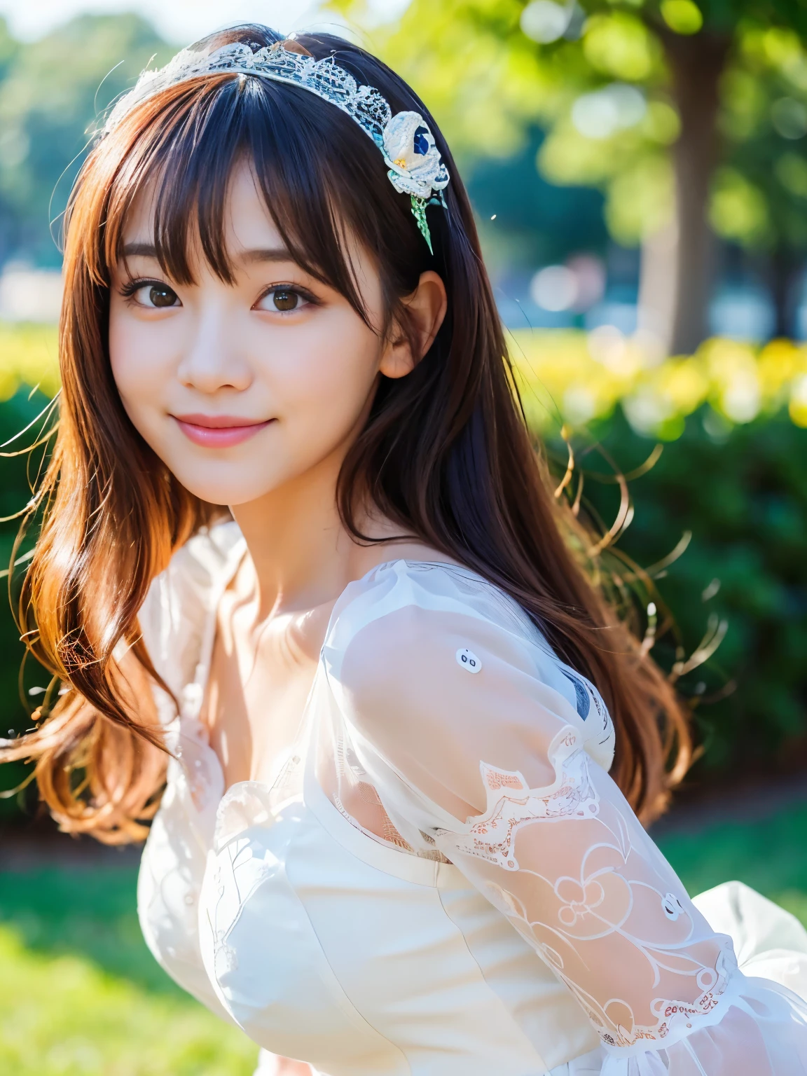 (highest quality, 32k, High resolution, Masterpiece:1.5, ), Beautiful Japanese Girl, An exceptionally beautiful face, perfect human anatomy, Magical big eyes, Smile, Shiny brown hair, Beautiful side ponytail, Asymmetrical bangs, Smooth and soft skin, white sexy bridal dress, fine silk fabric, Detailed and perfect collarbone, A mini skirt fluttering in the wind, Beautiful chest in high resolution, Slender figure with ample breasts, High resolutionの美しい太もも, (Colorful petals fluttering about:1.3), Beautiful Nemophila Field, Spring sunshine, blue sky, sparkling light effect, Professional Lighting, Professional Photographer, Professional Model
