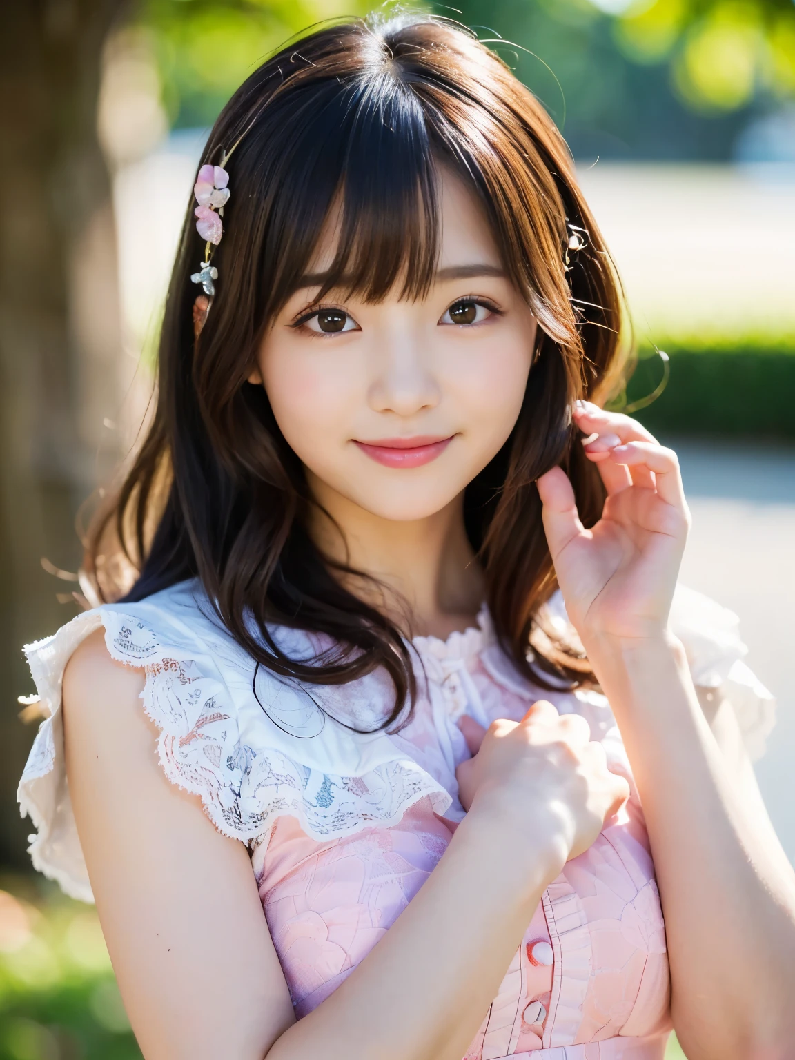 (Best-quality, Masterpiece, Ultra-High-Resolution, (Photorealistic:1.4), Raw-Photo, depth-of-field, professional-lighting, perfect-anatomies, extremely-details), 1girl, 15-years-old, the most famous Japanese-idol, ((wearing extremely realistic and extremely cute lacy-clothes with cute-patterned)), looking at viewer, ((innocent smile)), (((dynamic-pose))), (extremely cute and extremely realistic face, ((extremely cute and extremely big and extremely realistic solid-circle-eyes)), extremely beautiful and extremely realistic hair, ((extremely beautiful and extremely realistic skins)), extremely cute and extremely realistic long-eyelashes, extremely cute and extremely realistic lips)