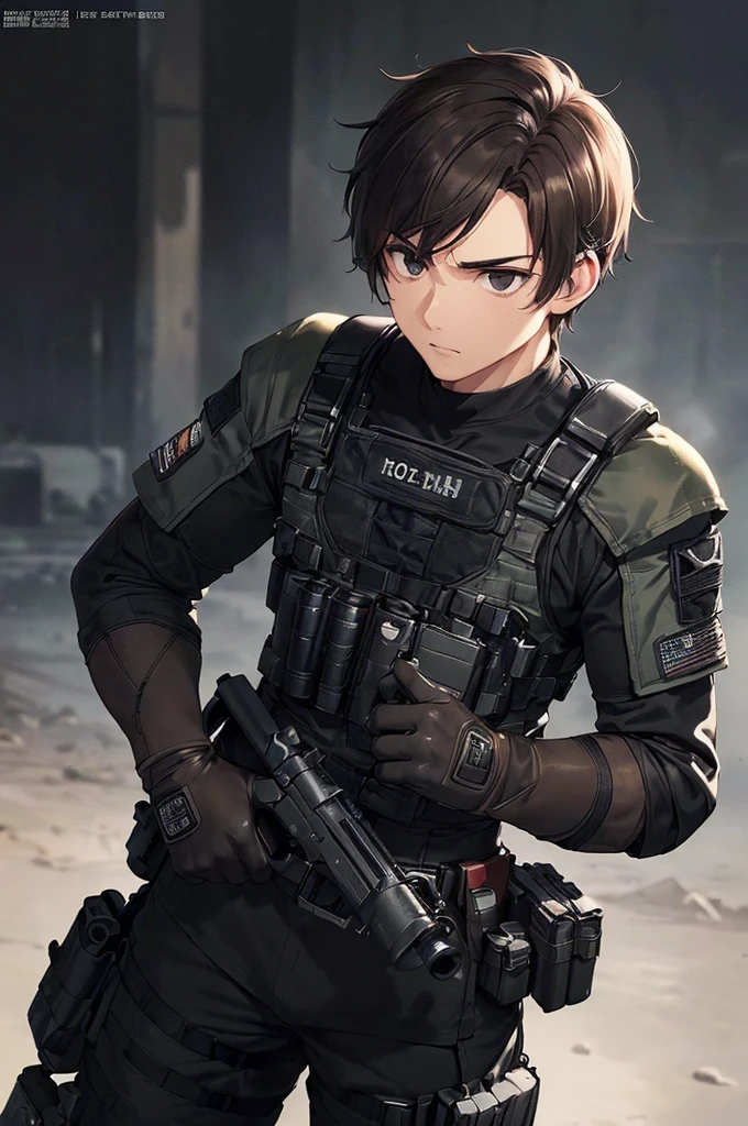 (masterpiece; best quality: 1.2), (finely detailed eyes: 1.3), ((25 year old man)), ((solo)), (black eyes: 1.4), (body; wiry, fit, masculine: 1.3), (short brown hair: 1.3), (beautiful and clear background: 1.2), ((depth of field)), (equipment: spec ops full black tactical gear + black gloves + holstered gun + pouches: 1.3), (anime illustration: 1.2), (background composition; military base office: 1.1), (extremely fine and handsome: 1.1), (shot composition; standing + centered on torso + close-up: 1.5), (expression; calm, stoic: 1.2)