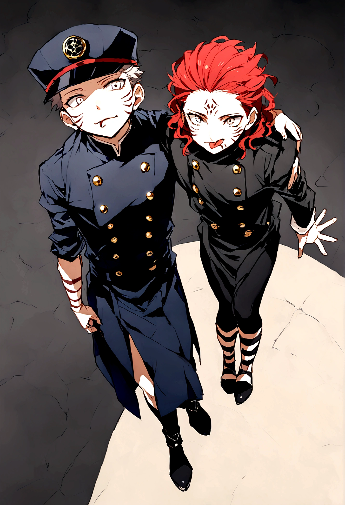 short red hair not too far below the shoulder but not too far above the shoulder, wavy hair, a dark blue jujutsu outfit with gold buttons, a dark blue cap, the sleeves of the clothing at the hem were wide and long but did not go past the hand and the bottom hem of the clothing was mid-thigh, and was divided by the buttons, wore a well-glued black legging, a not-so-high dark blue ankle boot, totally white eyes, I wasn't a human despite my appearance but I was a curse just like sukuna, I had tattoo marks all over my left arm in black and a circle in black, also similar to a tattoo on my tongue.