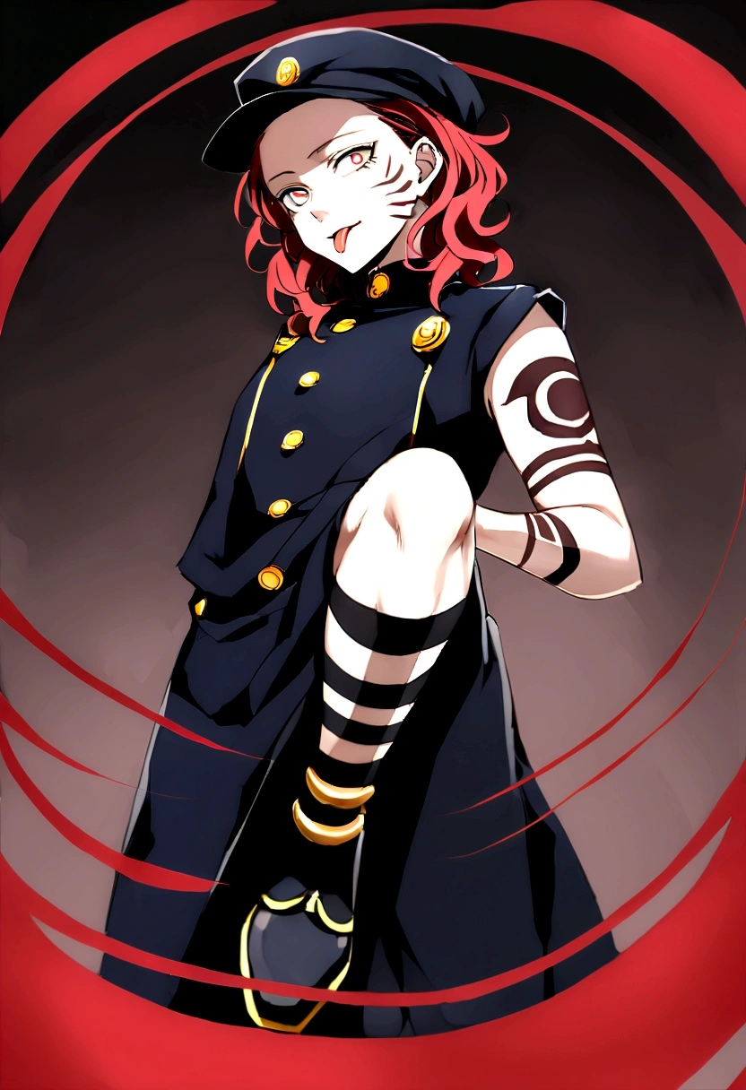 short red hair not too far below the shoulder but not too far above the shoulder, wavy hair, a dark blue jujutsu outfit with gold buttons, a dark blue cap, the sleeves of the clothing at the hem were wide and long but did not go past the hand and the bottom hem of the clothing was mid-thigh, and was divided by the buttons, wore a well-glued black legging, a not-so-high dark blue ankle boot, totally white eyes, I wasn't a human despite my appearance but I was a curse just like sukuna, I had tattoo marks all over my left arm in black and a circle in black, also similar to a tattoo on my tongue.