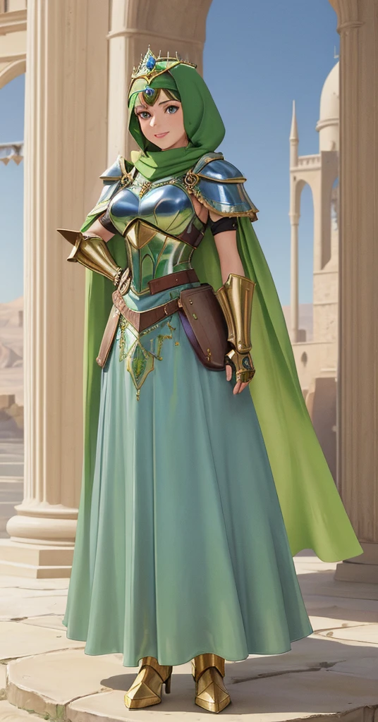 masterpiece, best quality:1.2), 1girl, smile, looking at viewer, green eyes, short brown hair, princess, armor, blue hijab headscarf, pauldrons, armored dress, green cloak cape, wearing puffy blue ballgown skirt, golden tiara with green gem, armored boots, fingerless gloves, standing in front of desert castle