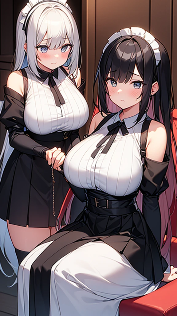 ((masterpiece)), (Highest quality、32k), (Simple style), (Faceless,Face peeling), 2 Girls, maid, The Faceless Lady, Big Breasts, Big Swing Chest, Wearing a face stolen from someone else, Sexy body, Sleeveless, No sleeve, Off the shoulder, Black Dress, Pleated lace, Lace dress, black knee socks. Standing, whole body, both hands touch the face, Luxurious Room, {{A young lady who used her face-peeling ability to peel off the face of a young lady, leaving her face blank, and a maid who transplanted the peeled face onto her own face.}}, Browsing Caution