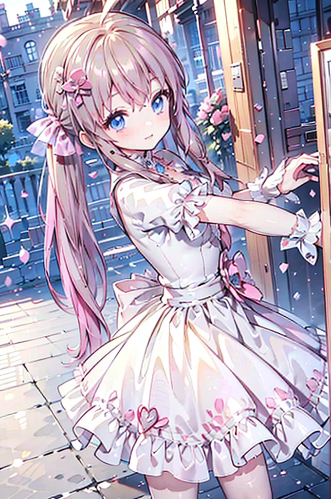 Solo girl, brown twin tails, braid hairs, blue eyes, pink princess dress, posing, anime girl, focus on hair