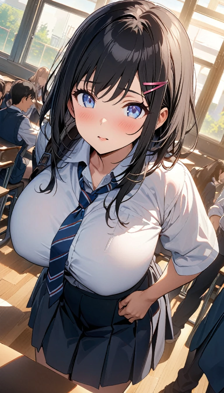((((Angle directly below:1.5)))、(masterpiece, Official Art), One Girl, Black Hair, blue eyes, hair ornaments, Hair Clip, (school uniform), (shirt), (tie), (skirt), (Huge breasts), very good、sunlight,classroom、During class、People around me々pulls on the girl's clothes、tear、View Audience, Grin,Cum on face、Semen on face. Attractive., blush, Charming Clothes, , (Place your hands between your legs), (Sitting on a chair、Put your chest on the desk),White panties、Short Bob、Sticking out your tongue、Dripping a huge amount of saliva、Peeing、squirt pee、tits 、titsをテーブル机の上に胸を置く、nsfw
