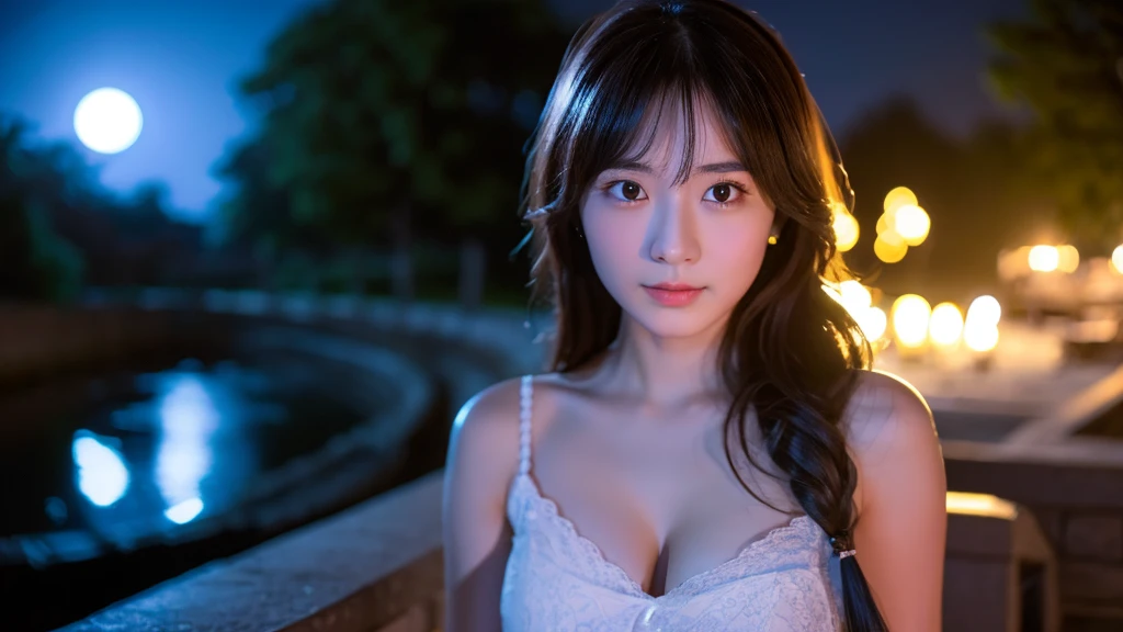 A very beautiful moonlit night、A woman with a very cute face like an idol、Cleavage、masterpiece