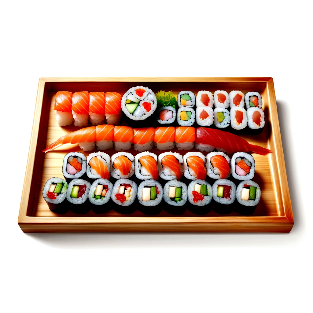 there are many different type delicious sushi, served in a wooden tray, the tray is full, illustration, isolated with solid white background, surrounded with negative space, centered compositon, 8k, highly detailed painting, very precise painting, Isolated, clear brilliant white background, perspective angle of view, vector clipart, washed out color ((lora:add-detail-xl:1)), (watercolor),