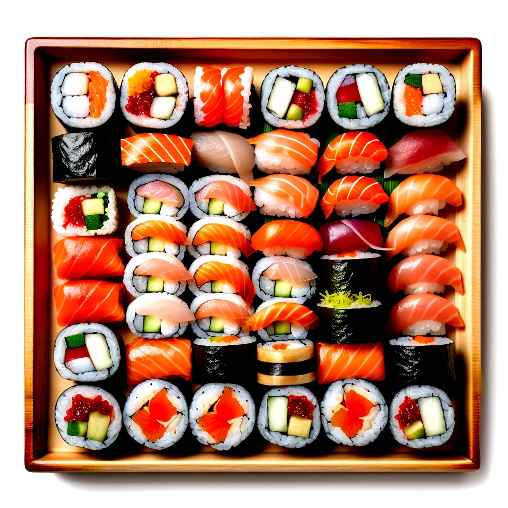 there are many different type delicious sushi, served in a wooden tray, the tray is full, illustration, isolated with solid white background, surrounded with negative space, centered compositon, 8k, highly detailed painting, very precise painting, Isolated, clear brilliant white background, perspective angle of view, vector clipart, washed out color ((lora:add-detail-xl:1))