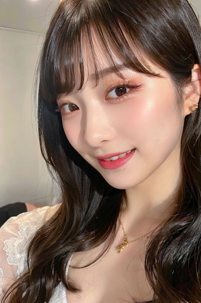 (((big laugh))), high-level image quality、20 year old Korean girl photo, raw, cute face, ((Portrait)), ((Detailed face:1.2)), ((A detailed face Characterized by fine skin), pale skin, , (cold color), moist, moist, reflector stay piece) (perfectly proportions)(photos realistic)(Best Quality) photographed in a Canon EOS R5, 50mm Lens,(8K), very long upper eyelashes、Very long lower eyelashes、Detailed lashes、Curled eyelashes、eyelash perm、Beautiful lashes, Glamorous makeup、Natural eyes、Oku Duplex、very beautiful eyelashes