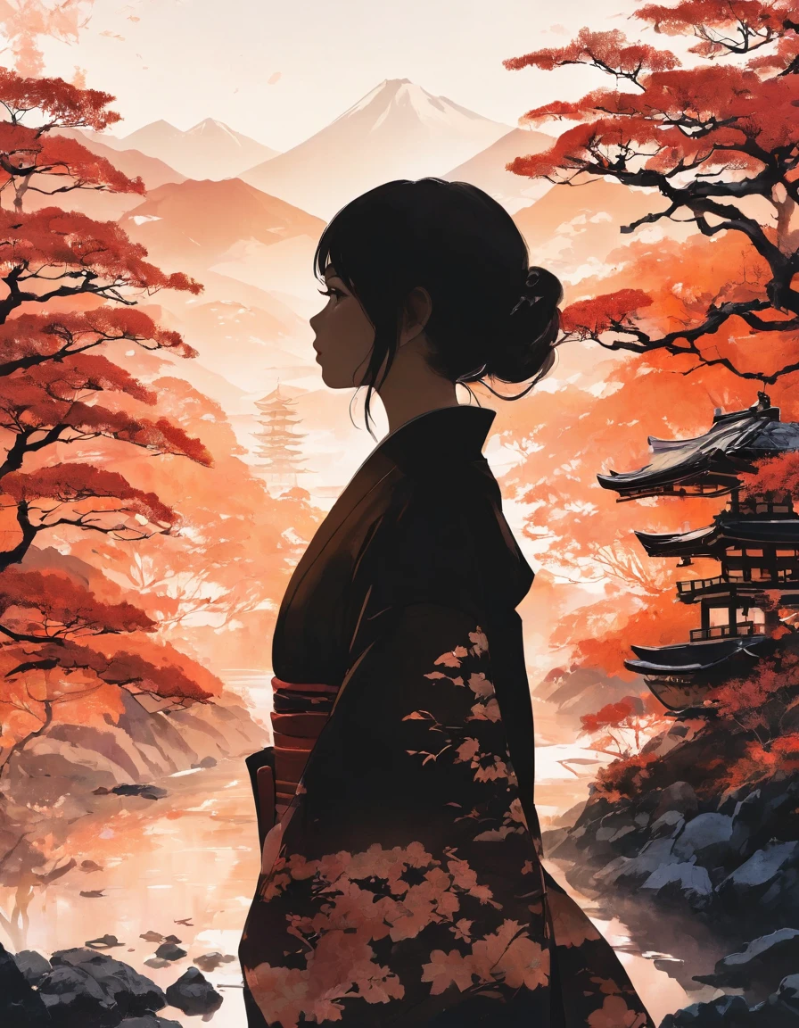 Silhouette of a girl, Lots of Japanese scenery , Modern Japanese Landscape, close, Double Exposure,