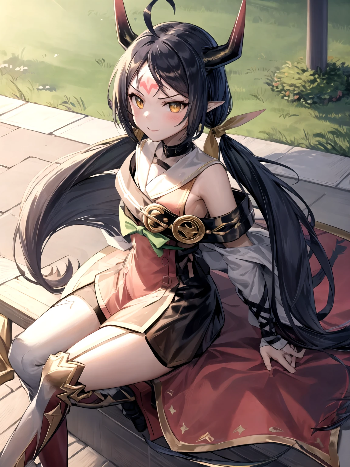 ((Obra maestra,La mejor calidad)),
Nabooru_Zelda, panties_dress, dark skin, cola de caballo larga, black_hair, armpit, yellow_eyes.
solamente, sonriente, presumido, Mirando al espectador,
film-like composition, dynamic pose,