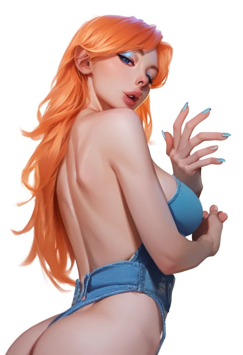 fuzzy, traditional art, Liu2, brush texture, check_9, check_8_up, check_7_up, 1 girl, orange hair, up to the shoulder blades, straight hair, long hair, Blue eyes, Plump lips, Long eyelashes, half-closed eyes, adult, beautiful make-up, big breasts, blue eyeshadow, Looking at the viewer, BREAK solo, standing, adult, skinny, high leg, arched back, hip gap, BREAK (White background:1.2), simple background, dynamic pose, dynamic angle, Corner shot, casual wear, Beautiful anatomy, perfect hands, High-quality fingers, good hands, high detail, detailed art