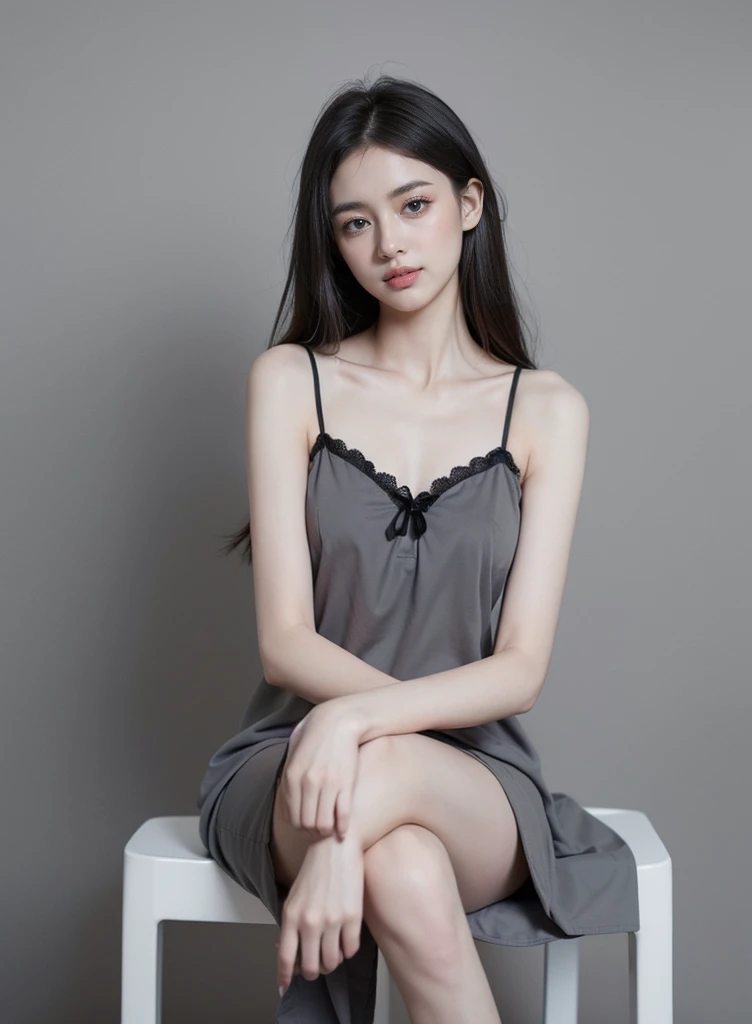 ((top quality、8K、masterpiece:1.3))、Beautiful woman with perfect body:1.4、slim abdomen:1.2、long hair, normal breast, Highly detailed face and skin textures, eye for detail, (laugh), (full body shot), ((studio)), (sit on a chair), (((wearing a black nightdress)), Looking Ahead, (((plain gray background:1.2)))