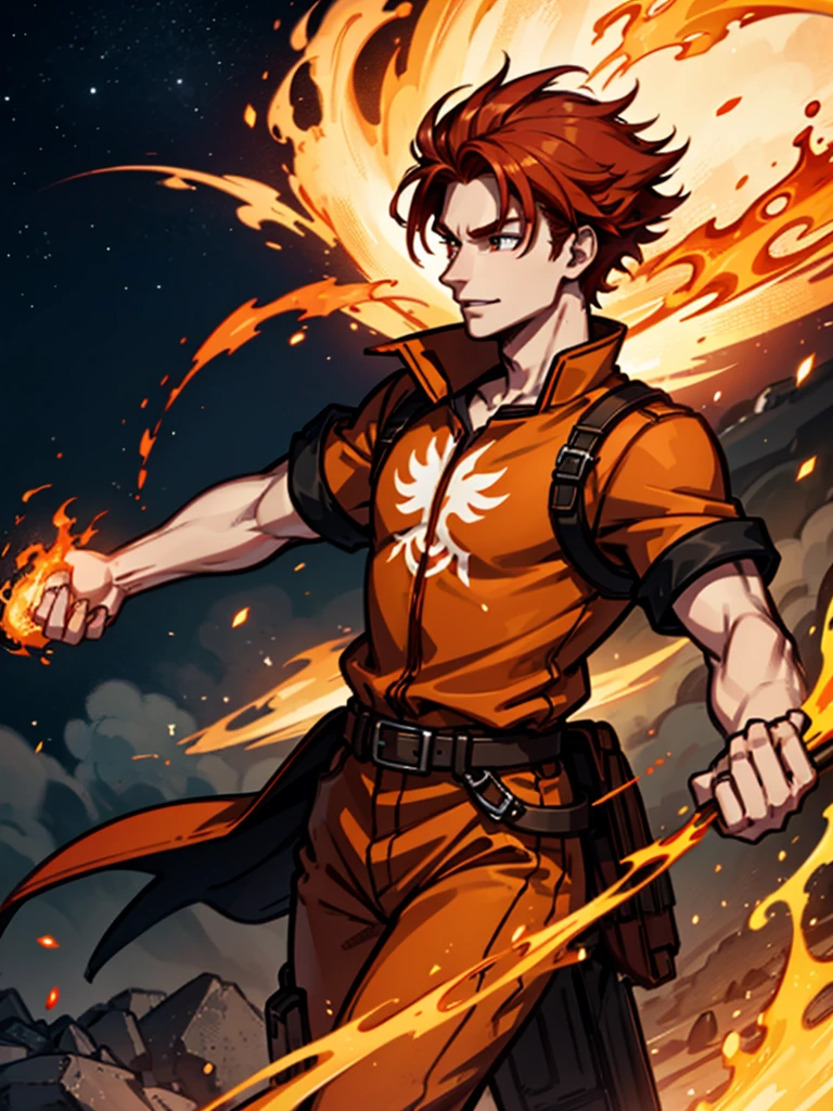 A young man,Red hair,flame,Cheerful,Sunlight,warrior,Orange clothes,brave,Fire Element,confidence,Standing,Ultra HD