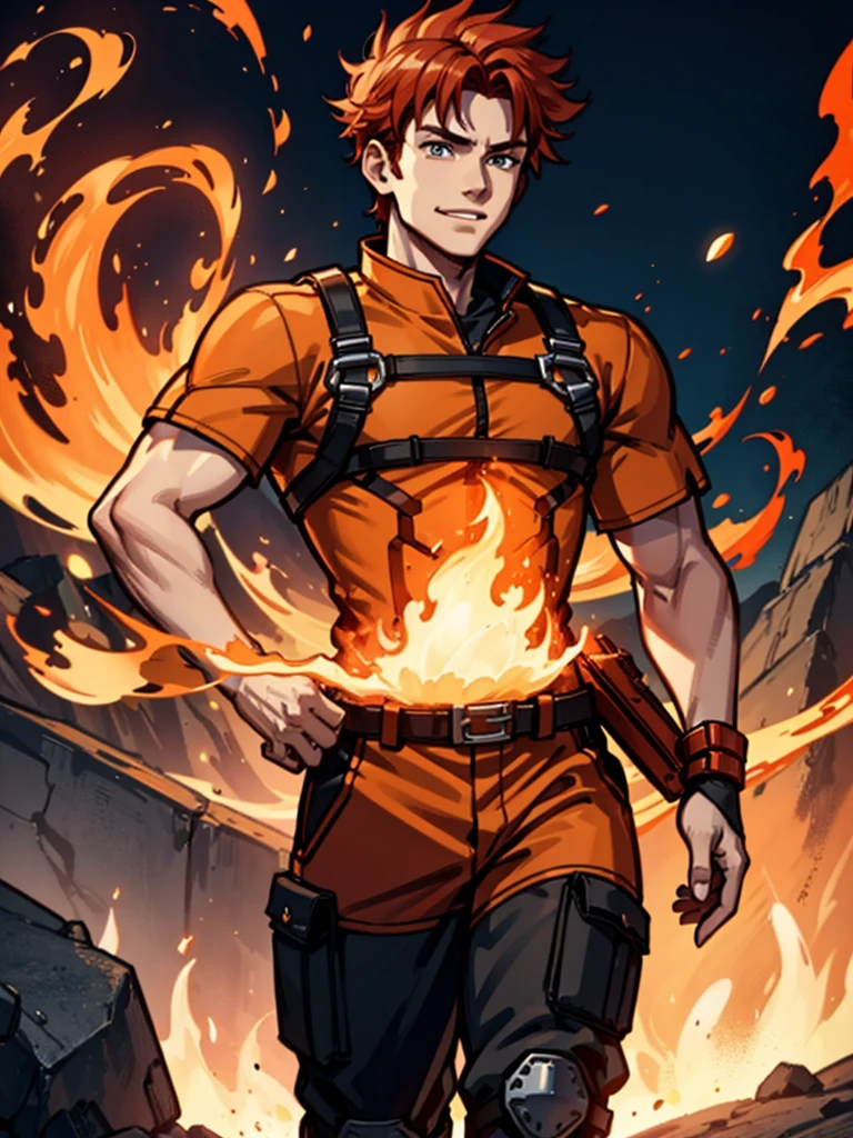 A young man,Red hair,flame,Cheerful,Sunlight,warrior,Orange clothes,brave,Fire Element,confidence,Standing,Ultra HD