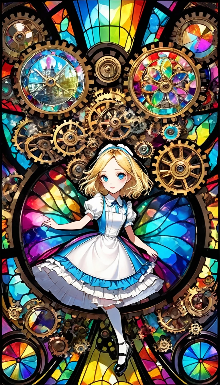 conceptual installation pop art, best quality, super fine, 16k, 2.5D, delicate and dynamic depiction, transparent, translucent iridescent stained glass, prism effects, driven by gears and wheels, Alice in Wonderland, pretty Disney world effects, eye-catching effects, beautiful and clear work, just like the photo