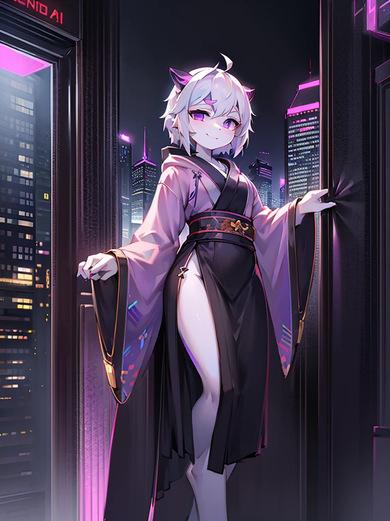 One, kimono, a femboy, White hair, purple eyes, wear a white sweatshirt, wear a black skirt, wearing black headphones, smile, look into the camera, stand on a tall building, Cyberpunk city background, night time, high detail, standing in an apartment with white furniture