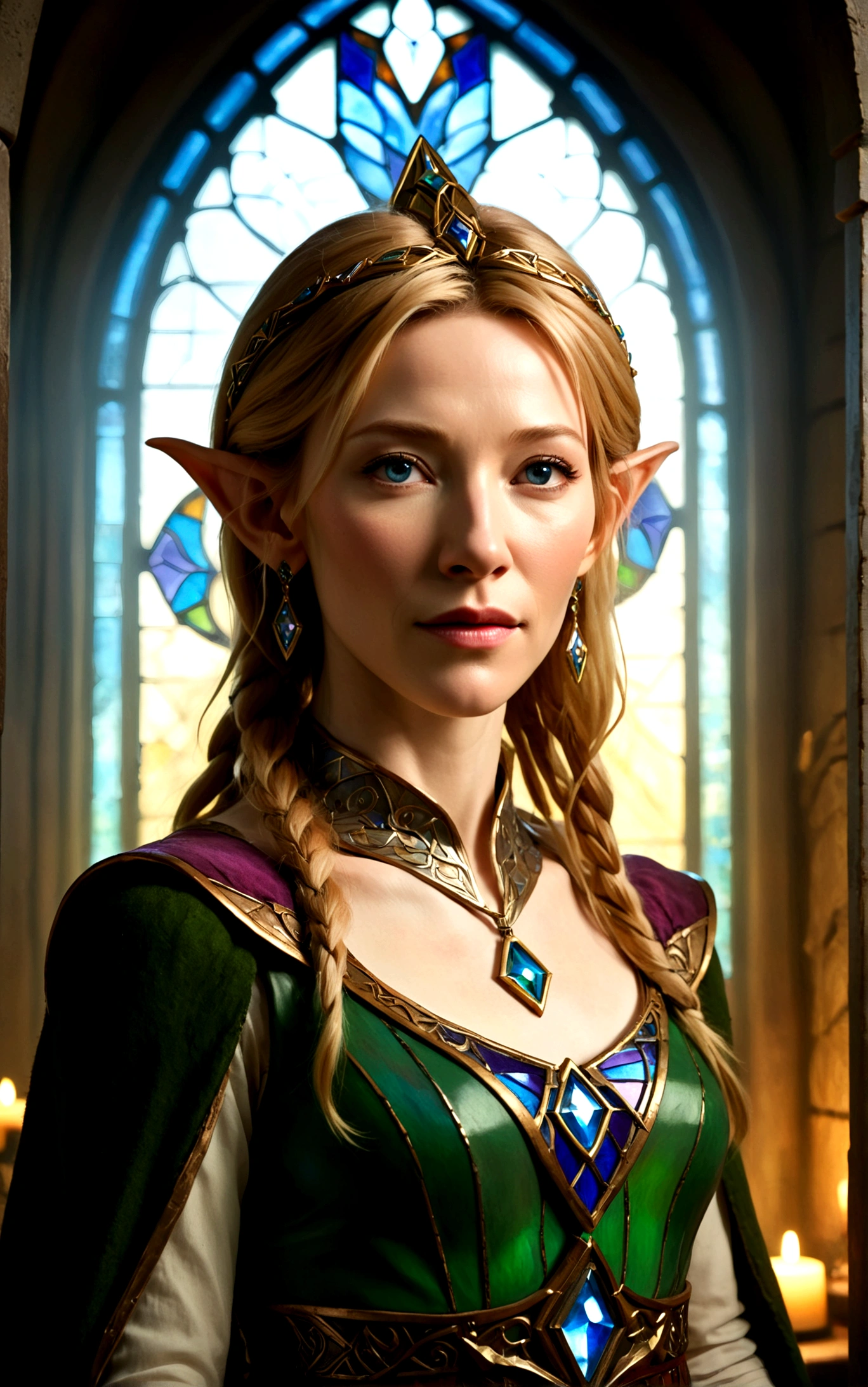 high quality portrait of Cate Blanchett, 25 years old, elf ears, wearing Twilight princess Zelda costume, heroic pose, lavish room with stained glass, extremely detailed face and eyes, intricate costume details, dramatic lighting, photorealistic, vibrant colors, cinematic, fantasy, award-winning digital art