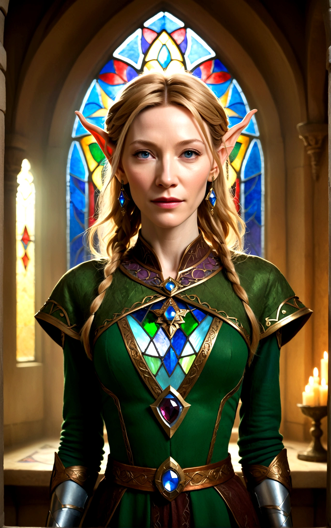 high quality portrait of Cate Blanchett, 25 years old, elf ears, wearing Twilight princess Zelda costume, heroic pose, lavish room with stained glass, extremely detailed face and eyes, intricate costume details, dramatic lighting, photorealistic, vibrant colors, cinematic, fantasy, award-winning digital art