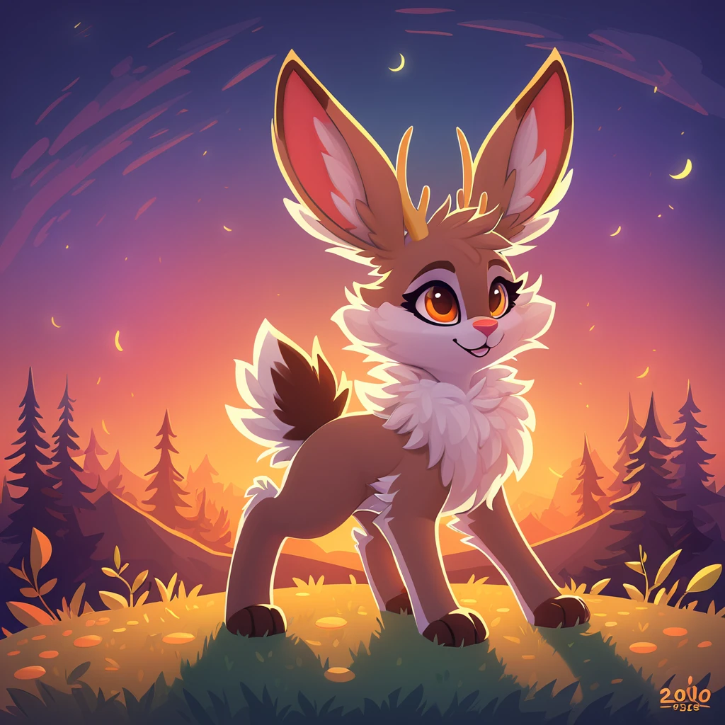 super fluffy Jackalope in dreamworks art style, evening background