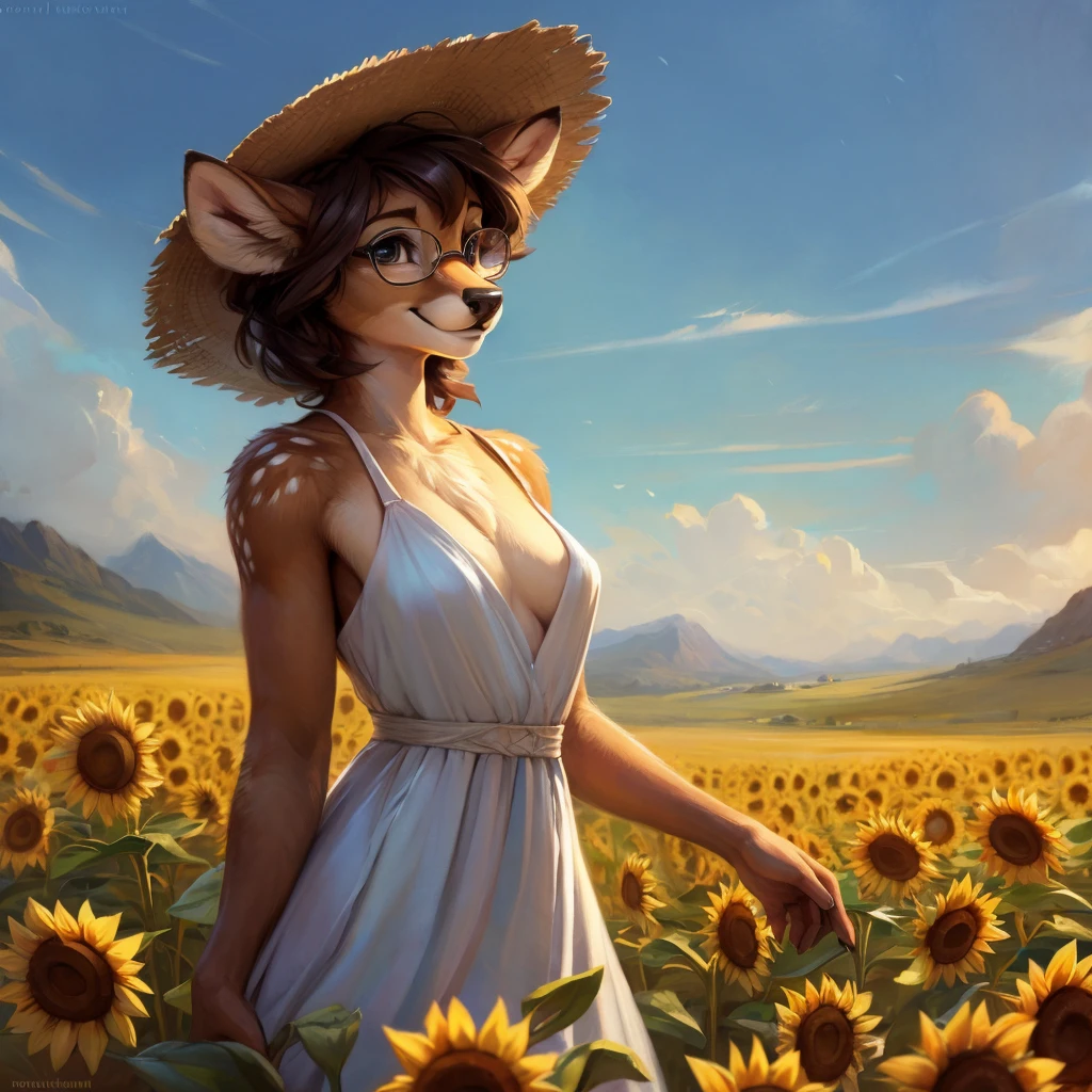 uploaded on e621, by Pixelsketcher, by Bayard Wu, by Thomas Benjamin Kennington , by Einshelm, by hioshiru and kenket, Chunie, portrait, solo anthro female deer doe, with small featureless breasts, clear dark blue, cinematic lighting, day, sunny day, sunflower field, stands in a sunflower field, sunflower field background, mediterranean background, horizon background, shiny, short curly dark brown hair, wears big black nerd glasses, very very beautiful furry art, furry art, smiling, joyful, shiny, happy, feminine, cute face, muzzle, fluffy chest, flawless face, Fallow deer, 1girl, Sakimichan is beautiful, Masterpiece, Wavethesallow Face, shiny, Detailed image, portrait, Detailed image, portrait, full body, wearing pure white and wide spaghetti straps dress, wearing big and wide beige summer straw hat, shiny, realistic face, perfect anatomy, hourglass body, (furry body:1.1), anthropomorphic deer, looks at the viewer, small fluffy tail, detailed background, (cute anatomy:1.1)
