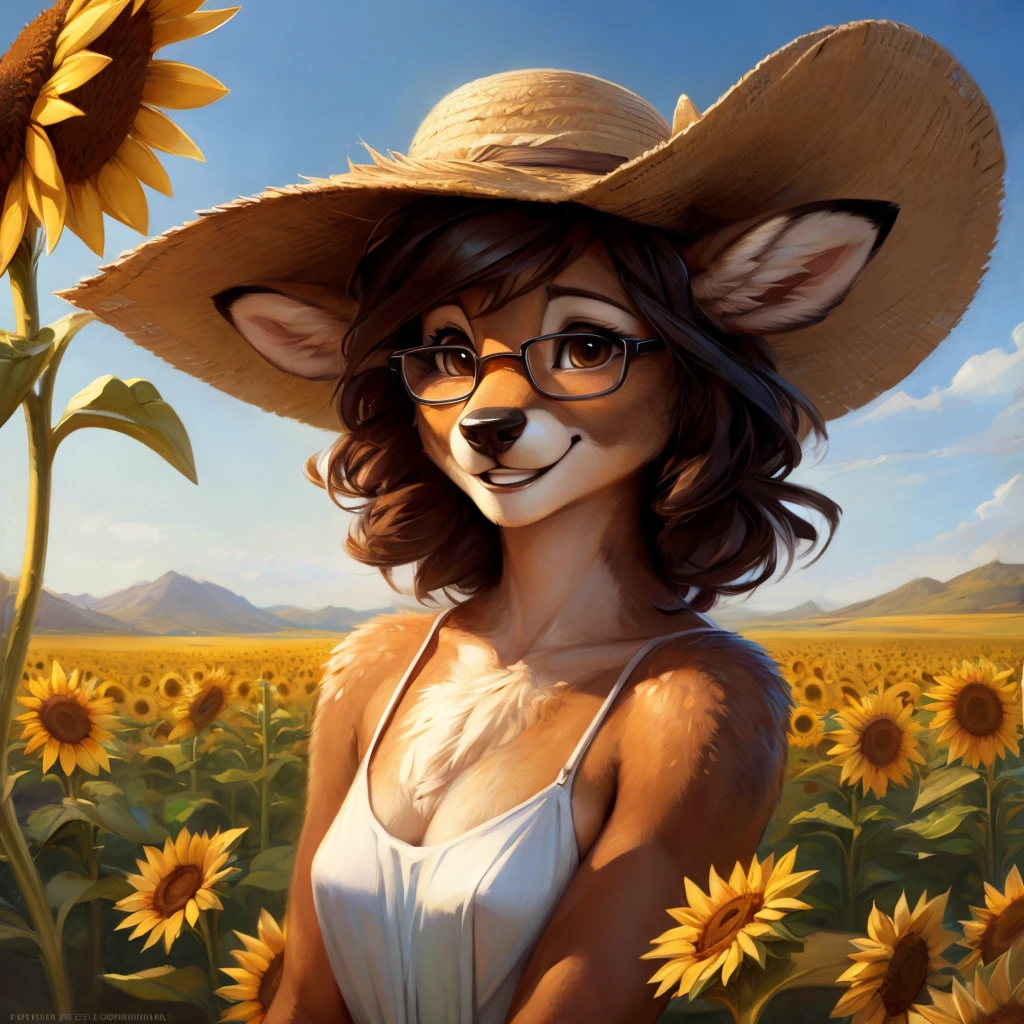 uploaded on e621, by Pixelsketcher, by Bayard Wu, by Thomas Benjamin Kennington , by Einshelm, by hioshiru and kenket, Chunie, portrait, solo anthro female deer doe, with small featureless breasts, clear dark blue, cinematic lighting, day, sunny day, sunflower field, stands in a sunflower field, sunflower field background, mediterranean background, horizon background, shiny, short curly dark brown hair, wears big black nerd glasses, very very beautiful furry art, furry art, smiling, joyful, shiny, happy, feminine, cute face, muzzle, fluffy chest, flawless face, Fallow deer, 1girl, Sakimichan is beautiful, Masterpiece, Wavethesallow Face, shiny, Detailed image, portrait, Detailed image, portrait, full body, wearing pure white and wide spaghetti straps dress, wearing big and wide beige summer straw hat, shiny, realistic face, perfect anatomy, hourglass body, (furry body:1.1), anthropomorphic deer, looks at the viewer, small fluffy tail, detailed background, (cute anatomy:1.1)
