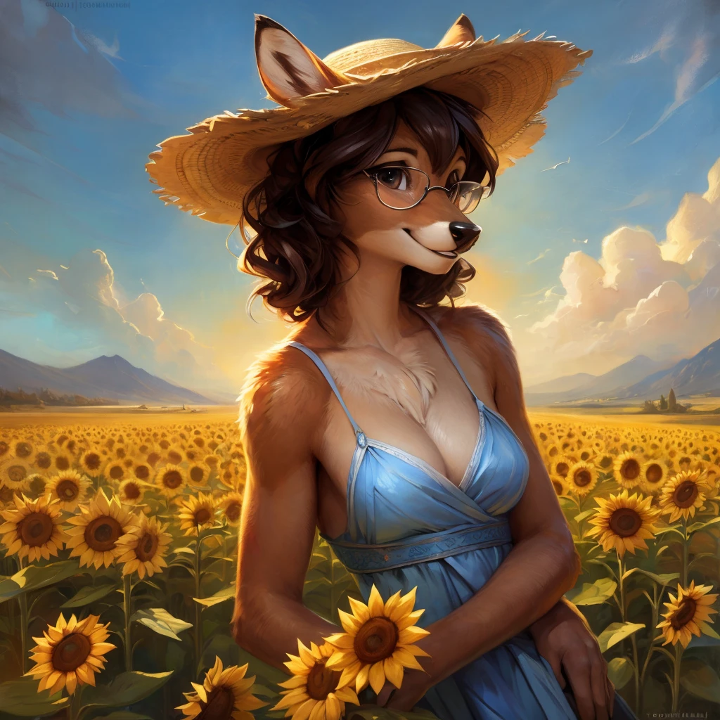 uploaded on e621, by Pixelsketcher, by Bayard Wu, by Thomas Benjamin Kennington , by Einshelm, by hioshiru and kenket, Chunie, portrait, solo anthro female deer doe, with small featureless breasts, clear dark blue, cinematic lighting, day, sunny day, sunflower field, stands in a sunflower field, sunflower field background, mediterranean background, horizon background, shiny, short curly dark brown hair, wears big black nerd glasses, very very beautiful furry art, furry art, smiling, joyful, shiny, happy, feminine, cute face, muzzle, fluffy chest, flawless face, Fallow deer, 1girl, Sakimichan is beautiful, Masterpiece, Wavethesallow Face, shiny, Detailed image, portrait, Detailed image, portrait, full body, wearing pure white and wide spaghetti straps dress, wearing big and wide beige summer straw hat, shiny, realistic face, perfect anatomy, hourglass body, (furry body:1.1), anthropomorphic deer, looks at the viewer, small fluffy tail, detailed background, (cute anatomy:1.1)
