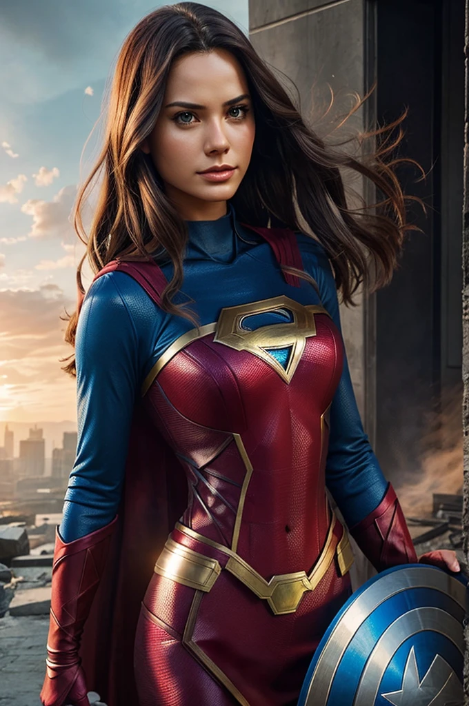 Generate a beautiful super girl image who looks like Avengers 