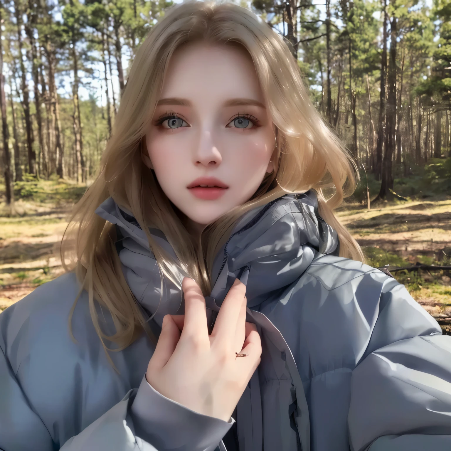 Arafed woman in a gray jacket posing for a photo in a forest, Dasha Taran, Anna Nikonova aka Newmilky, russian bride, con pale skin, Yelena Belova, pale skin suave natural, pale skin y brillante, Perfect face ), 🤤 girl portrait, 8k)), soft and pale skin, pale skin, smooth and impeccable