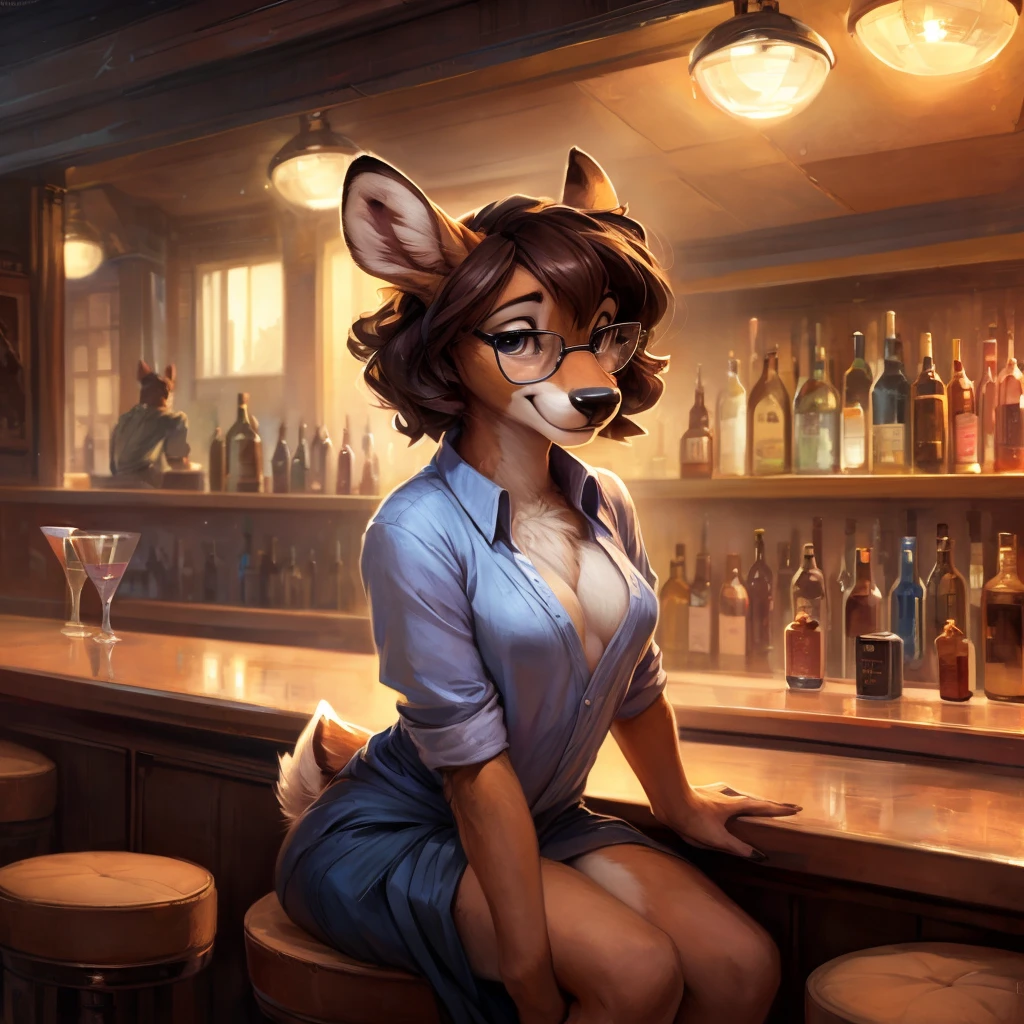 uploaded on e621, by Pixelsketcher, by Bayard Wu, by Thomas Benjamin Kennington , by Einshelm, by hioshiru and kenket, Chunie, portrait, solo anthro female deer doe, tiny featureless breasts, tiny breasts, clear dark blue, cinematic lighting, sitting inside at a party bar, night club background, shiny, short curly dark brown hair, short hair, wears big black nerd glasses, very very beautiful furry art, furry art, thoughtful, shiny, feminine, cute face, muzzle, fluffy chest, flawless face, Fallow deer, 1girl, Sakimichan is beautiful, Masterpiece, Wavethesallow Face, shiny, Detailed image, Detailed background, portrait, Detailed image, portrait, wears pure white wide, big blouse, shiny, realistic face, perfect anatomy, hourglass body, anthropomorphic deer, happy, very happy, small ears, huge black nerd glasses, wide happy eyes, smiles, big smile, holdind a cocktail glass, hourglass body, (furry body:1.1), anthropomorphic deer, small fluffy tail, detailed background, (cute anatomy:1.1), looks into the distance, sexy, sexy look