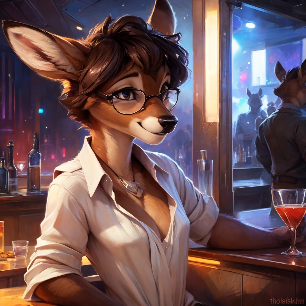 uploaded on e621, by Pixelsketcher, by Bayard Wu, by Thomas Benjamin Kennington , by Einshelm, by hioshiru and kenket, Chunie, portrait, solo anthro female deer doe, tiny featureless breasts, tiny breasts, clear dark blue, cinematic lighting, sitting inside at a party bar, night club background, shiny, short curly dark brown hair, short hair, wears big black nerd glasses, very very beautiful furry art, furry art, thoughtful, shiny, feminine, cute face, muzzle, fluffy chest, flawless face, Fallow deer, 1girl, Sakimichan is beautiful, Masterpiece, Wavethesallow Face, shiny, Detailed image, Detailed background, portrait, Detailed image, portrait, wears pure white wide, big blouse, shiny, realistic face, perfect anatomy, hourglass body, anthropomorphic deer, happy, very happy, small ears, huge black nerd glasses, wide happy eyes, smiles, big smile, holdind a cocktail glass, hourglass body, (furry body:1.1), anthropomorphic deer, small fluffy tail, detailed background, (cute anatomy:1.1), looks into the distance, sexy, sexy look