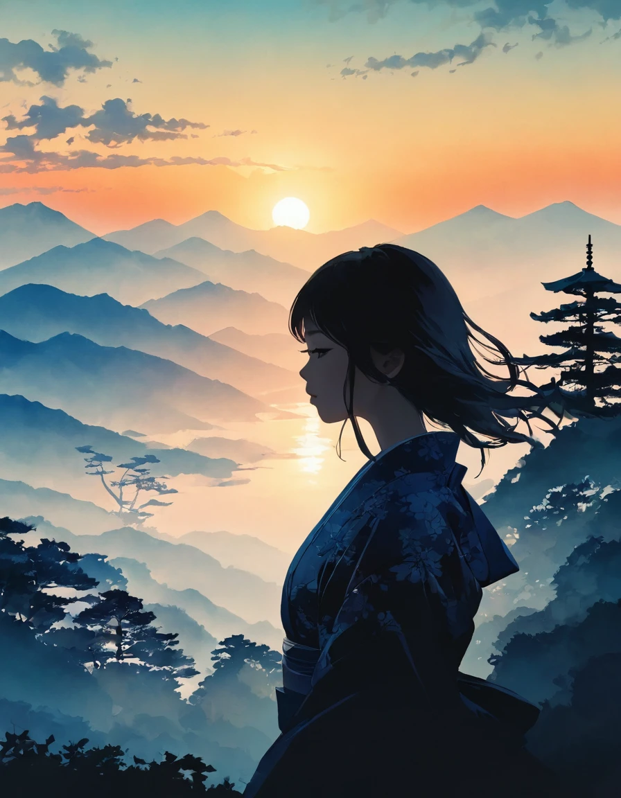 Silhouette of a girl, Lots of Japanese scenery , Modern Japanese Landscape, close, Double Exposure,