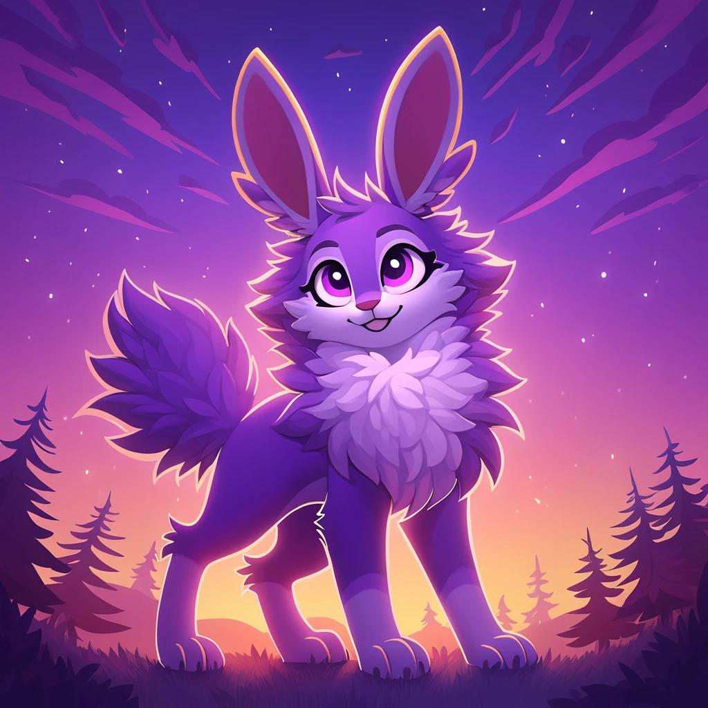 super fluffy purple Jackalope in dreamworks art style, evening background