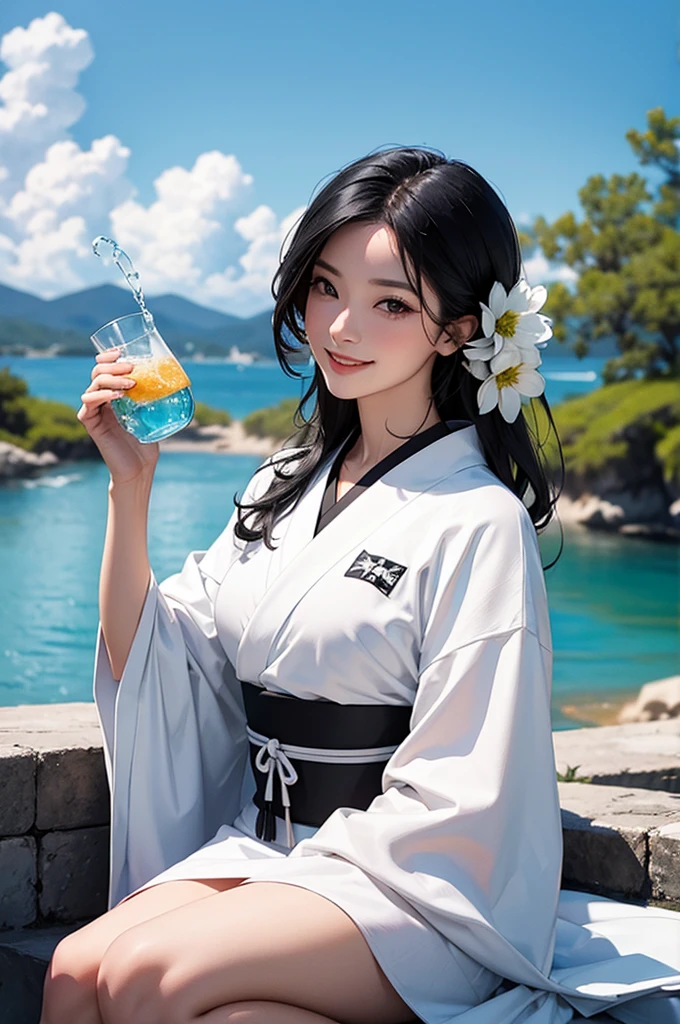 Smiling beautiful woman with black hair and white kimono drinking water under the blue sky