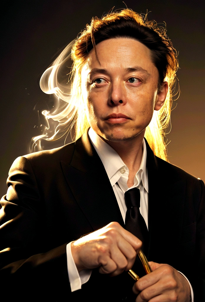 Elon Musk struggling with money, oil painting, hard brush strokes, dramatic lighting, intense expression, Determined eyes, hold your fists, sweat dripping down face, Wrinkled suit, Broken chains, Ruined dollar bills, Ruined stock market chart, Smoke rises in the background, Black and white with a touch of gold, 真实感. (best qualityer, high resolution, ultra detali), (realisitic:1.37), proffesional, bright coloured.