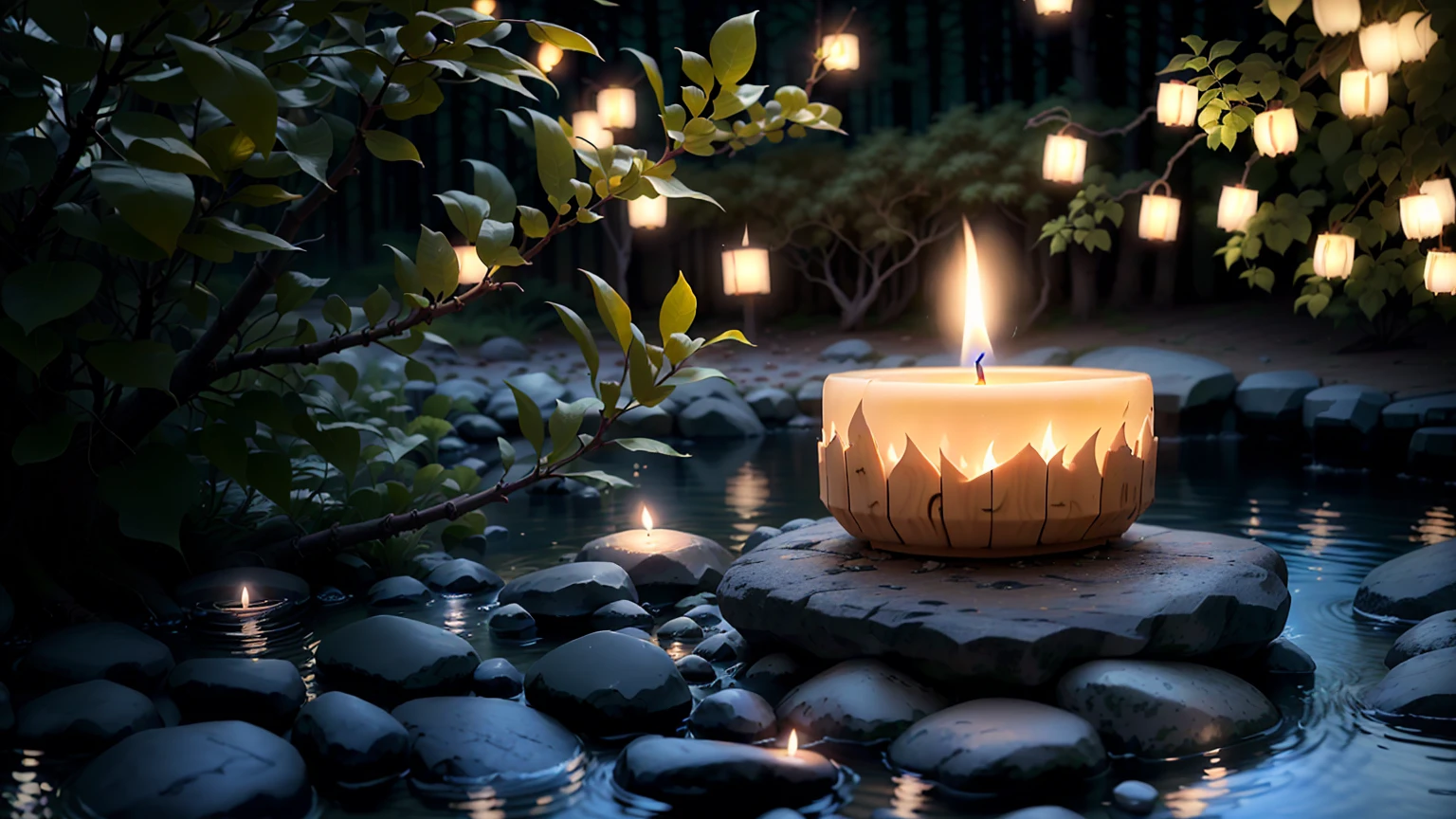 there is a lit Candles sitting on a rock in the water, Peaceful atmosphere, Candles lights, Candles light, Candles lit, Candleslit, natural Candles lighting, Night atmosphere, the Candles is on a wooden table, lit with Candless, Relaxed atmosphere, Candleslight, cozy Candleslight, glowing Candless, Beautiful atmosphere, Candles lighting, Candles lightning, Candles, Softly lit
