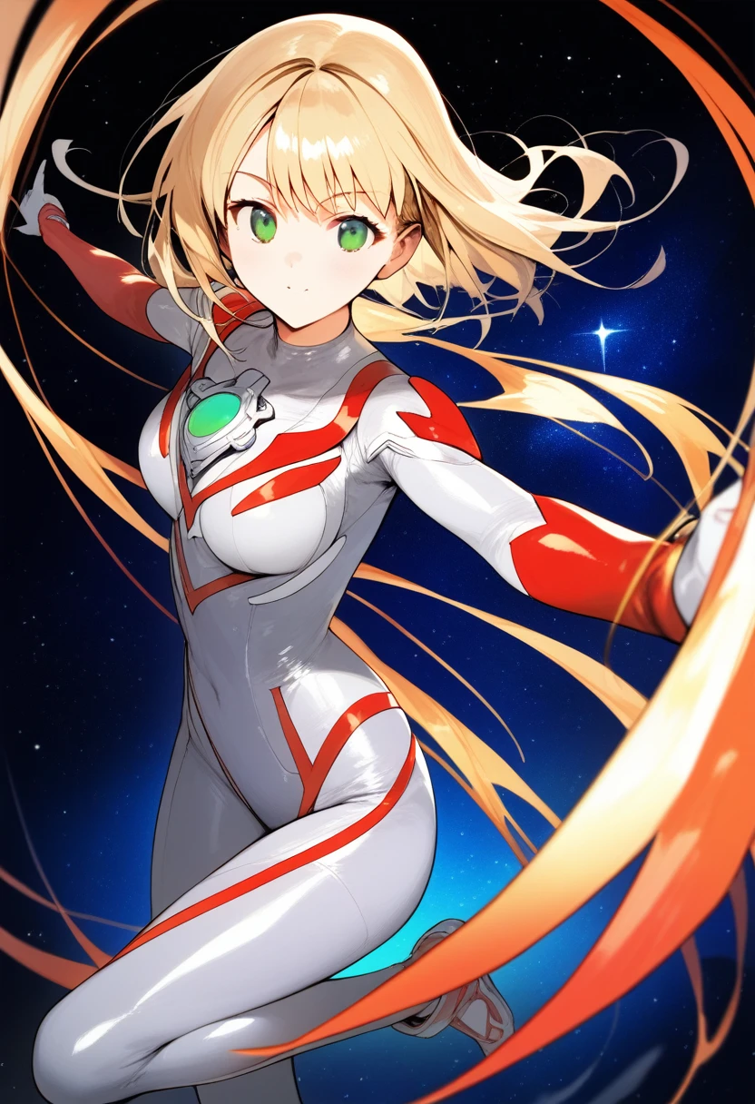 (best quality),female,Sala,original,blonde hair ,green eyes,silver bodysuit,red stripes,ultragirl,space background,ultra-detailed,sharp focus,aesthetic, score_9, score_8_up, score_7_up,source_anime,