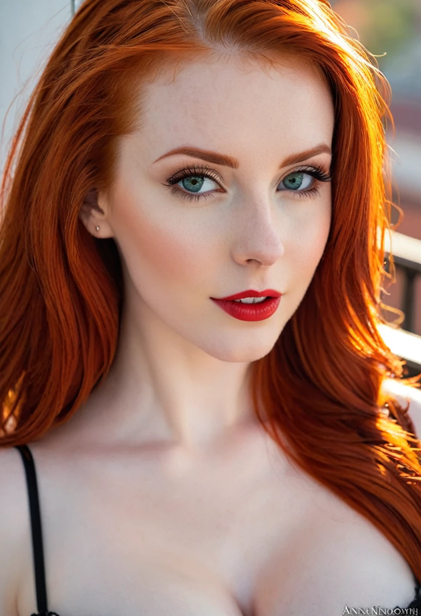 a close up of a woman with red hair posing on a balcony, amouranth, redhead girl, better known as amouranth, beautiful redhead woman, anna nikonova aka newmilky, redhead woman, red head, red haired goddess, sexy girl, young beautiful amouranth, she is redhead, beautiful soft lighting, cleavage, jaw-dropping beauty