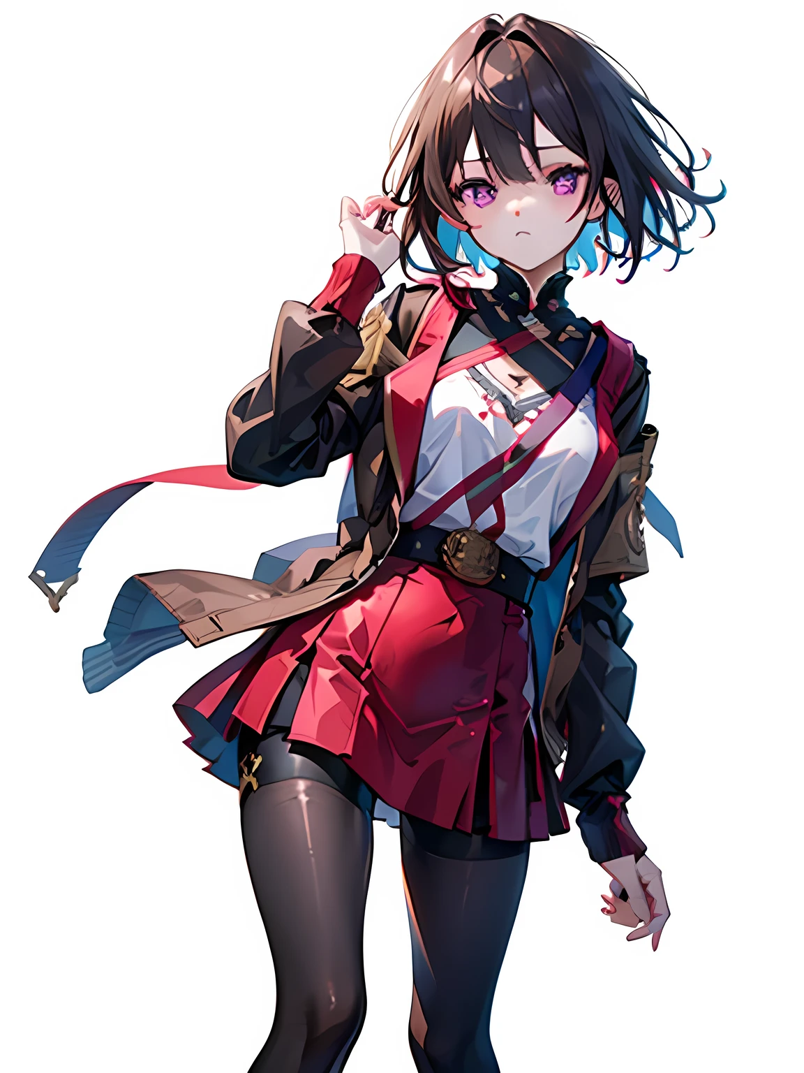 ((masterpiece, best quality)), highres, 1girl, xueyi, (short brown hair, purple eyes), brown jacket, short skirt, tights, white background